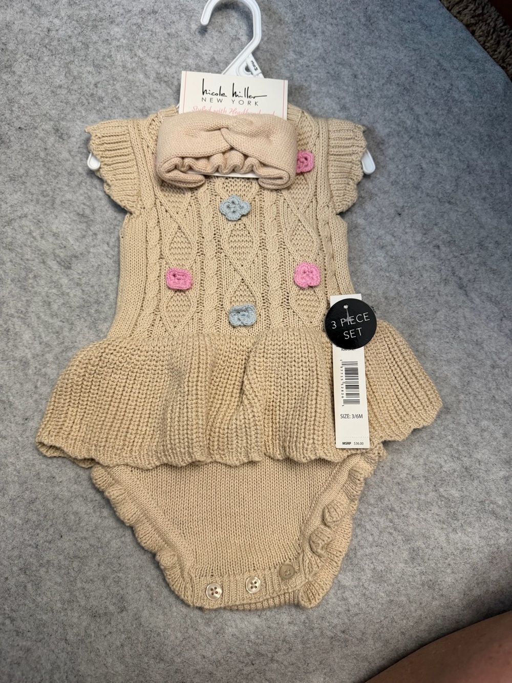 Baby Knit Dress & Bloomer Set - Beige with Pastel Floral 3-6mo
